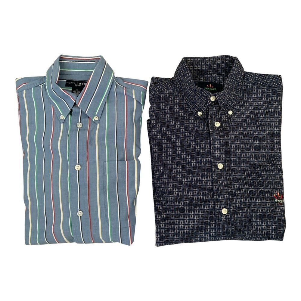 Ivy Crew Mens Shirts MEDIUM 2 Blue Striped Plaid Button Down Logo Long Sleeve